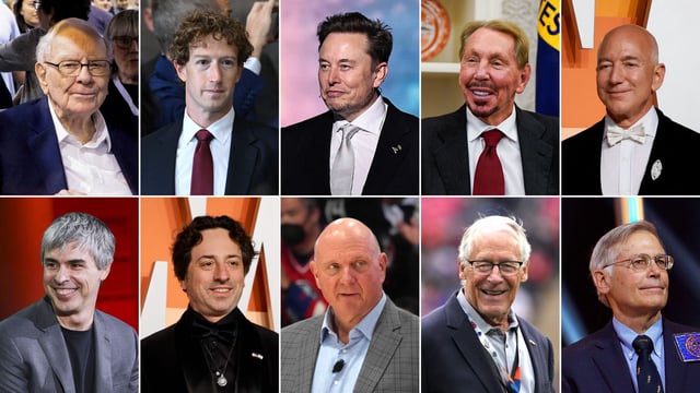Clockwise, from top left: Warren Buffet, Mark Zuckerberg, Elon Musk, Larry Ellison, Jeff Bezos, Jim Walton, Rob Walton, Steve Ballmer, Sergey Brin, Larry Page.