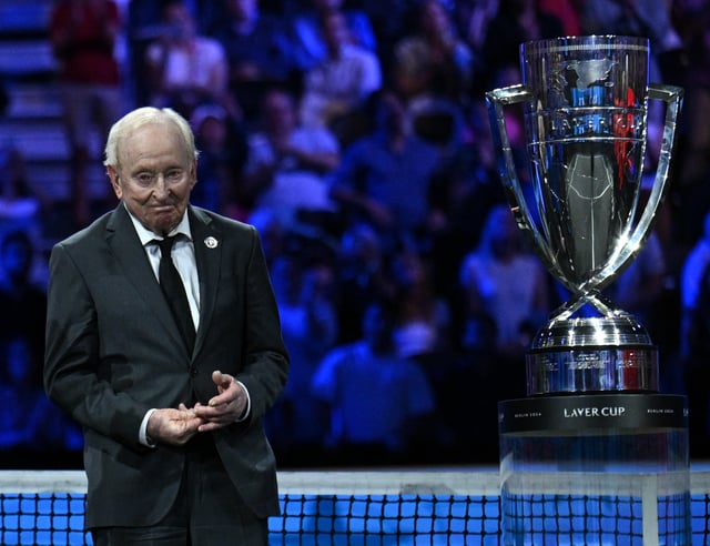 Tennis - Laver Cup - Uber Arena, Berlin, Germany - September 22, 2024 Rod Laver alongside the trophy during the presentation after Team Europe won the Laver Cup REUTERS/Annegret Hilse/File Photo