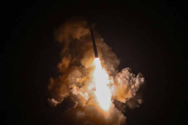 An unarmed Minuteman III intercontinental ballistic missile launches at Vandenberg Space Force Base in California on May 21, 2025.