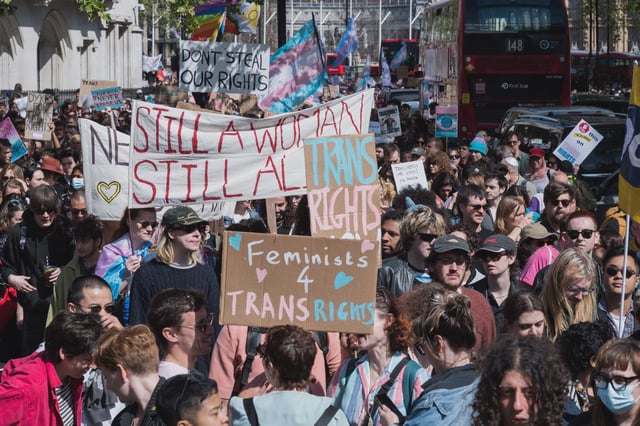 LONDON, UNITED KINGDOM  APRIL 19, 2025: Transgender people and their supporters stage a protest march in Westminster in support of trans rights following this week&#39;s UK Supreme Court unanimous ruling that the terms woman and sex in the Equality Act 2010 refer to a biological woman and biological sex, in London, United Kingdom on April 19, 2025. The demonstrators argue that this ruling could result in roll back of the rights and safety of trans people as public bodies and employers update their codes of practice. (Photo credit should read Wiktor Szymanowicz/Future Publishing via Getty Images)