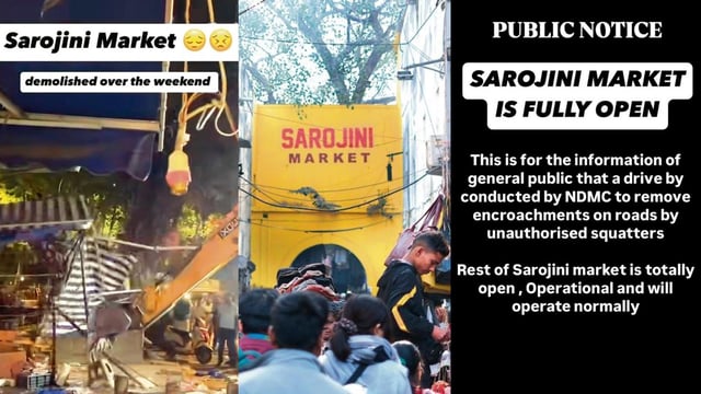 Screengrabs of some viral Reels and a follow-up post by the Sarojini Market Shopkeepers Association, which was posted on X to try and get back the rush of shoppers. 