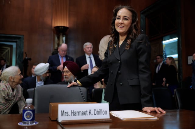 Harmeet Dhillon, President Donald Trump's nominee for Assistant Attorney General for Civil Rights, prepares for her confirmation hearing before the Senate Judiciary Committee in the Dirksen Senate Office Building on Capitol Hill on February 26, 2025 in Washington, DC. A civil liberties lawyer who served vice chair of the California Republican Party, Dhillion lead numerous unsuccessful lawsuits to halt the implementation of stay-at-home orders and other restrictions during the COVID-19 pandemic.