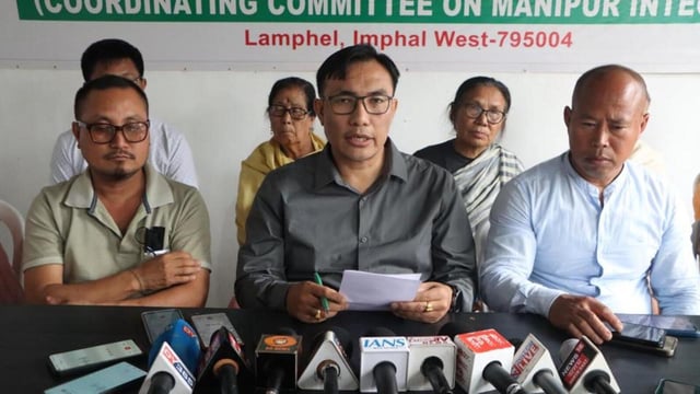 COCOMI convenor Khuraijam Athouba addresses the media at the group’s office in Imphal on Wednesday.