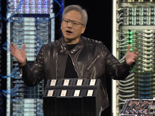 Nvidia's Jen-Hsun Huang on stage during the GTC 2025 keynote