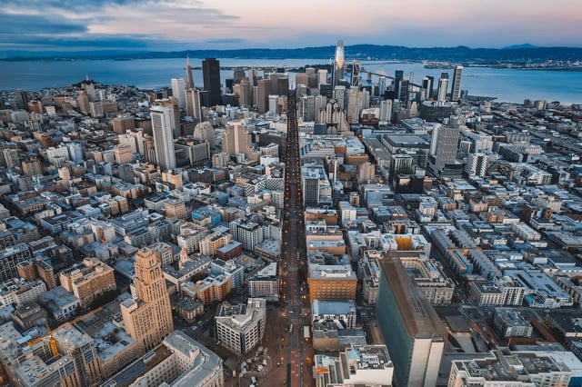 An aerial view of Market Street in San Francisco. In 2024, the SFMTA voted to install 33 speed cameras at “high-risk” intersections. 
