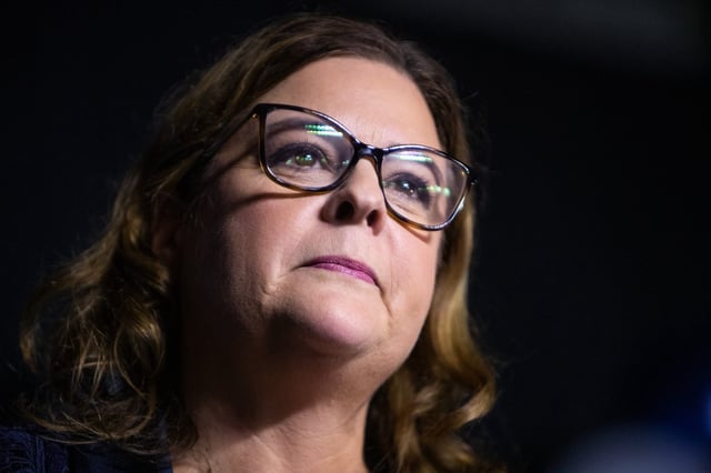 Manitoba Progressive Conservative leader Heather Stefanson announces her resignation as party leader during a speech at the PC election night party in Winnipeg on Tuesday, Oct. 3, 2023. Manitoba's ethics commissioner says Stefanson and two of her cabinet ministers acted improperly by pushing for the approval of a silica sand mining project. THE CANADIAN PRESS/Daniel Crump.