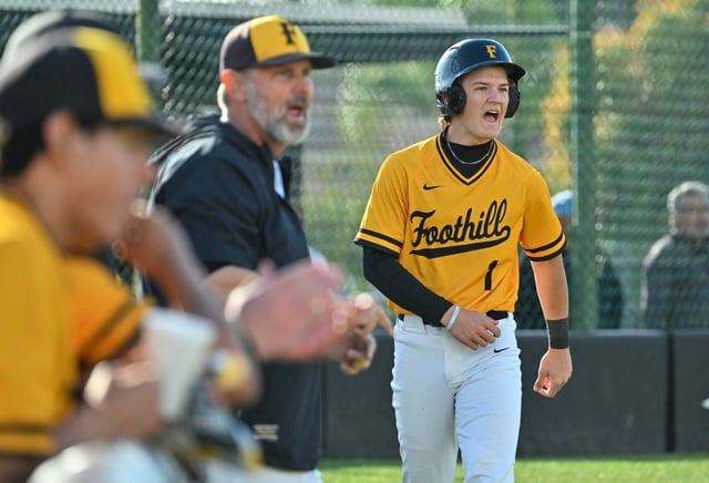 Foothill’s AJ Nagler (1) celebrates after scoring against Villa Park during their Crestview League baseball game in Santa Ana, CA, on Friday, March 7, 2025. Foothill beat Villa Park, 2 to 0. (Photo by Jeff Gritchen, Orange County Register/SCNG)