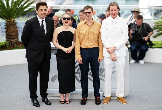 From left to right, Benicio del Toro,  Mia Threapleton, Michael Cera and Wes Anderson during “The Phoenician Scheme” photo call at the 78th annual Cannes Film Festival at Palais des Festivals on May 19, 2025, in Cannes, France.