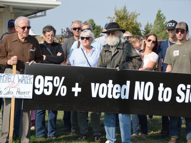 RM of Springfield residents opposed to a proposed silica mine are seen at a media conference on Tuesday, Sept. 19, 2023, where it was announced that the results of an independent referendum show that more than 95% of those who voted are opposed to a proposed silica sand mine in the community. 