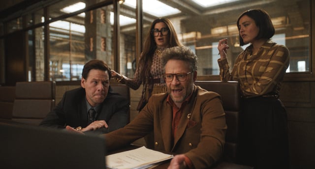 Episode 1. Ike Barinholtz, Kathryn Hahn, Chase Sui Wonders and Seth Rogen in &#34;The Studio,&#34; premiering 26 March 2025 on Apple TV+.