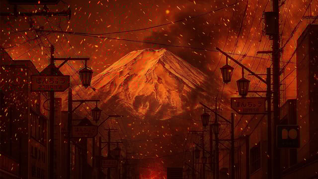 A photo of Mt. Fuji amidst fire and smoke.