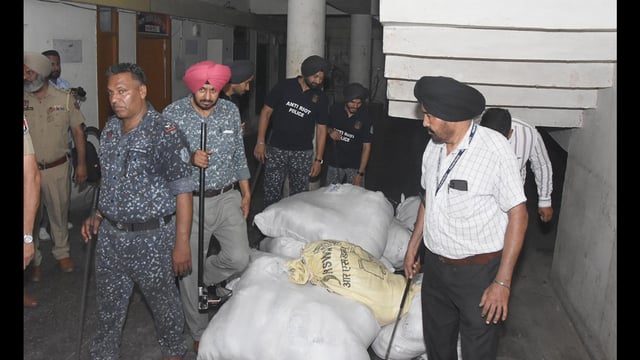 Anti Sabotage teams conducting a search at the Mini Secretariat in Ludhiana on Wednesday. (Gurpreet Singh/HT)