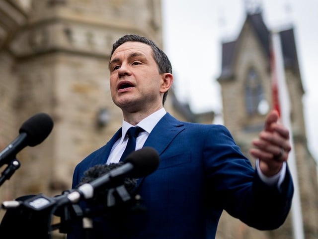 Conservative Party Leader Pierre Poilievre speaks to reporters outside of West Block on Parliament Hill in Ottawa on Thursday, May 15, 2025.