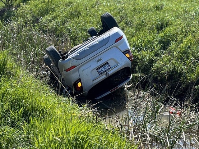 A vehicle stolen from a nearby London hotel crashed into this ditch on Colonel Talbot Road a short time later on Friday May 16, 2025 (Submitted photo)