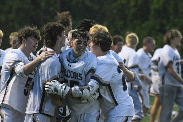Severna Park players celebrate their win over Towson during the Class 3A boys lacrosse state championship at Stevenson University on Wednesday. (Brian Krista/Staff)