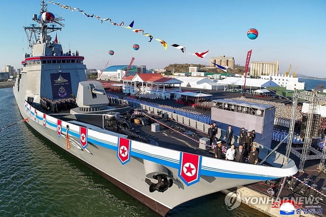 This file photo, released by North Korea's state-run Korean Central News Agency, shows Pyongyang's new navy destroyer unveiled at a launching ceremony held at a shipyard in the North's western port city of Nampho on April 25, 2025. (For Use Only in the Republic of Korea. No Redistribution) (Yonhap)