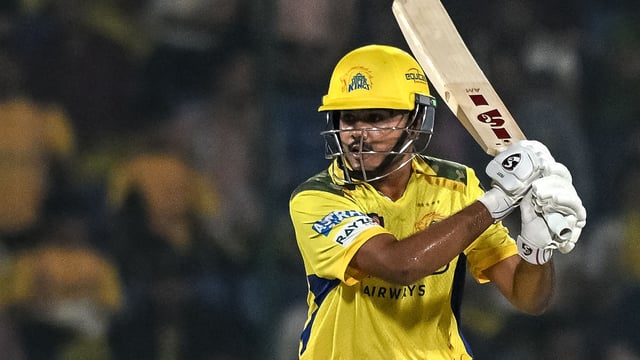 Ayush Mhatre plays a shot during the Indian Premier League (IPL) Twenty20 cricket match between Chennai Super Kings and Rajasthan Royals at the Arun Jaitley Stadium in New Delhi