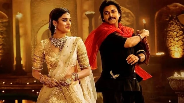 Nidhhi Agerwal and Pawan Kalyan in a still from Hari Hara Veera Mallu.
