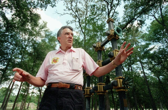 &#39;King&#39; George Coulam at the entry gates to his home in Todd Mission, pop. 275, on Sept. 7, 1999. Coulam was the mayor of the town he incorporated. Coulam was founder of the Texas Renaissance Festival, which sits across FM 1774 from his home.
