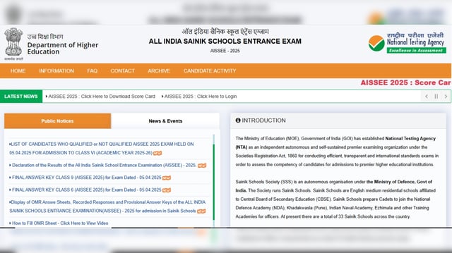 AISSEE Result 2025: Sainik School Admission Result For 6,9 Exams Out on exams.nta.ac.in