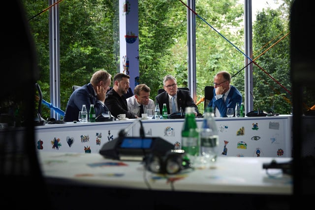 May 16, 2025, Tirana, Albania: Ukrainian President Volodymyr Zelenskyy, 2nd left, listens to U.S President Donald Trump during a conference call with European leaders to discuss peace talks with Russia during on the sidelines of the European Political Community Summit, May 16, 2025 in Tirana, Albania. Sitting from left: Polish Prime Minister Donald Tusk, Zelenskyy, French President Emmanuel Macron, UK Prime Minister Keir Starmer, and German Federal Chancellor Friedrich Merz. (Credit Image: Â© Ukraine Presidency/Ukrainian Pre/Planet Pix via ZUMA Press Wire
