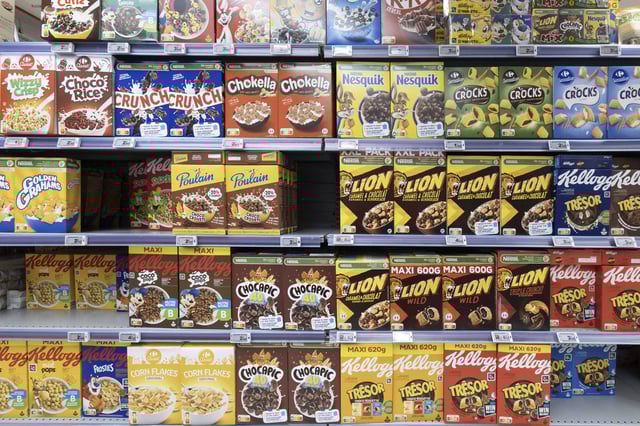 The cereal aisle in a Carrefour Market in Nice, France on March 9, 2025.