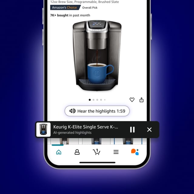 A phone on a blue background showing the Amazon app.