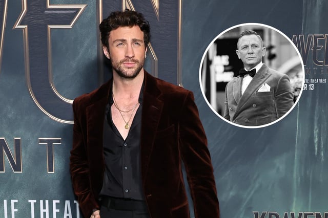 Aaron Taylor-Johnson attends the &#34;Kraven The Hunter&#34; New York premiere at the AMC Lincoln Square Theater on December 10, 2024 in New York City. In the inset image, Daniel Craig attends the world premiere of &#34;No Time to Die&#34; at the Royal Albert Hall on September 28, 2021 in London, England.