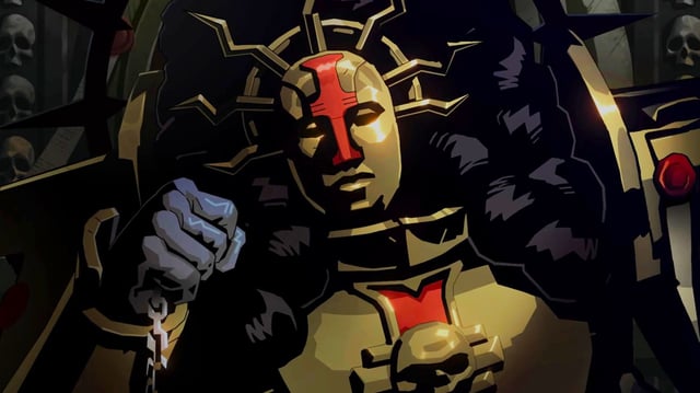 Warhammer inquisitor in golden armor sitting on throne