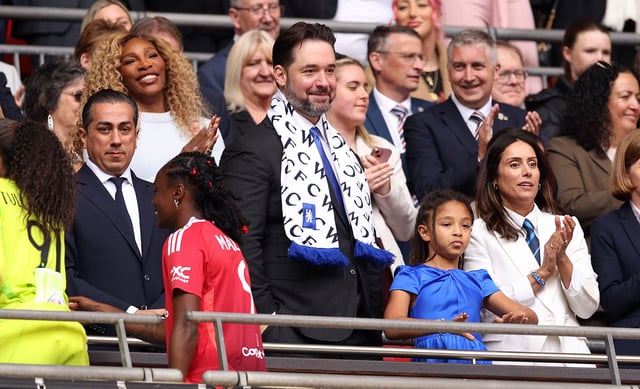 Serena Williams and Alexis Ohanian look on from the stands during the Women's FA Cup Final between Chelsea and Manchester United at Wembley Stadium on May 18.