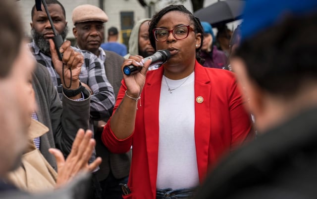 Rep. LaMonica McIver demands the release of Newark Mayor Ras Baraka after his arrest while protesting outside an ICE detention prison, Friday, May 9, 2025. She was herself later charged by the Trump Department of Justice.