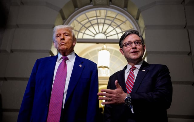 Speaker of the House Mike Johnson and President Donald Trump speak to members of the press as they depart a House Republican meeting at the US Capitol in May.