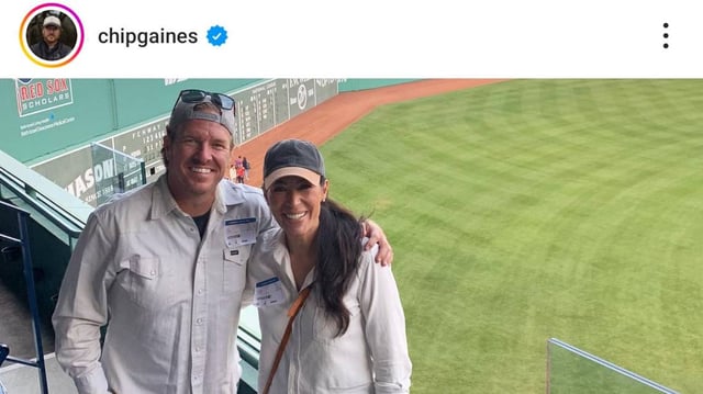 Chip Gaines and Joanna Gaines pictured inside Fenway Park in Boston, MA.