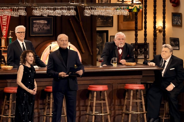 Ted Danson, Rhea Perlman, Kelsey Grammer, John Ratzenberger and George Wendt speak onstage during The Emmys on Jan. 15, 2024.