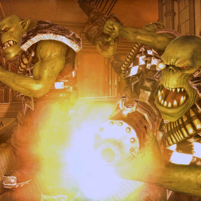A pair of armor-clad orks fire their shootas at the camera.