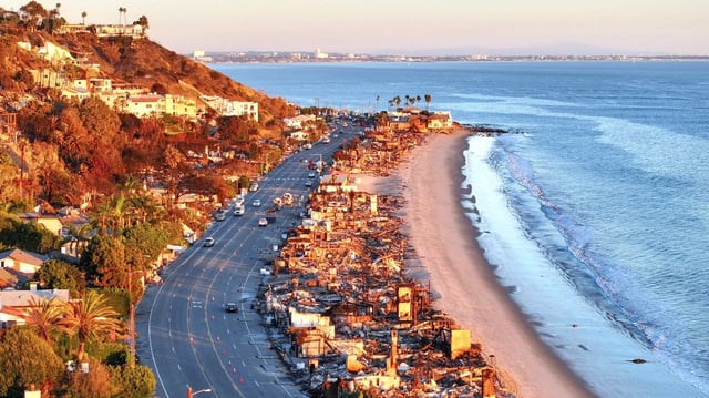 The remains of beachside homes that burned along Pacific Coast Highway during the Palisades Fire in Malibu, CA, on Wednesday, January 15, 2025. (Photo by Jeff Gritchen, Orange County Register/SCNG)