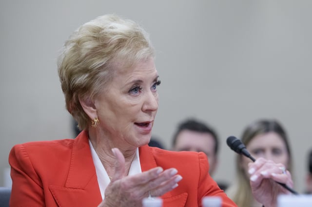 Secretary of Education Linda McMahon testifies before a House Committee on Appropriations subcommittee budget hearing on the US Department of Education on Capitol Hill, Wednesday, May 21, 2025, in Washington. (AP Photo/Rod Lamkey, Jr.)