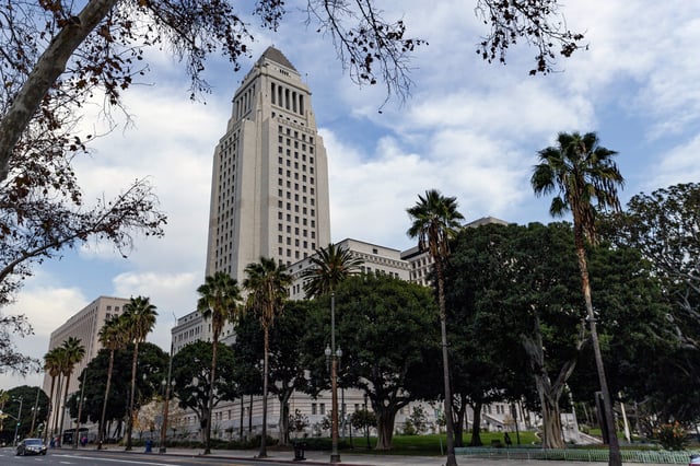 FILE - The Los Angeles City Hall building is seen in downtown Los Angeles on Jan. 8, 2020. (AP Photo/Damian Dovarganes, File)