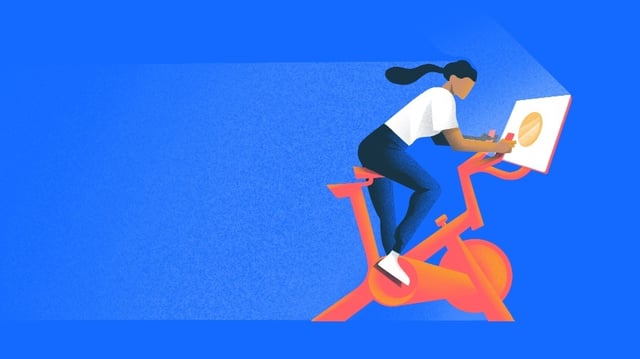 Illustration of woman on stationary bike. [Dom Guzman]