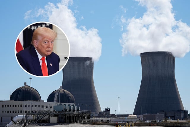 Cooling tower one and two are seen at the nuclear reactor facility at the Alvin W. Vogtle Electric Generating Plant, Friday, May 31, 2024, in Waynesboro, Ga. Inset: President Donald Trump attends a Make America Healthy Again (MAHA) Commission Event in the East Room of the White House, Thursday, May 22, 2025, in Washington.