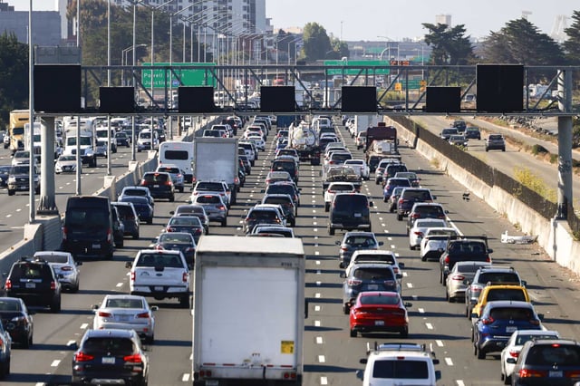 Thick traffic conditions, like seen along Highway 80 westbound between the University Avenue and Ashby Street exits in Berkeley in 2024, could be common this holiday weekend.