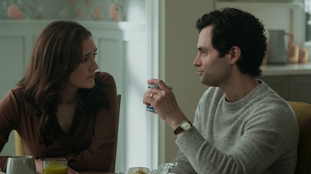 Charlotte Ritchie and Penn Badgley in 'You' season 5.