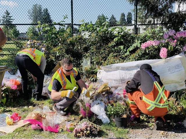  City of Vancouver workers begin to re-locate the memorial for Lapu Lapu Day festival victims.