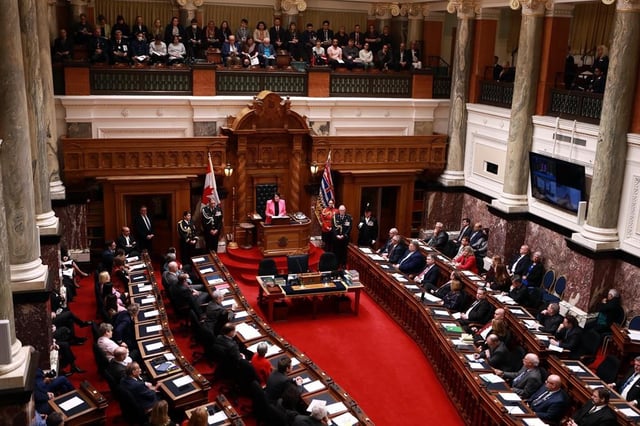 The throne speech is read at the legislature in Victoria, B.C., on Feb. 6, 2023. MLA for Abbotsford South Bruce Banman has defected from Opposition BC United to the BC Conservatives.