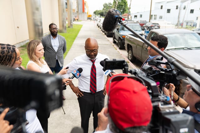 Orleans Parish District Attorney Jason Williams speaks with members of the press outside of the Orleans Parish Prison after he and a forensics team to fingerprinted the scene where 10 inmates made their escape from the jail last week