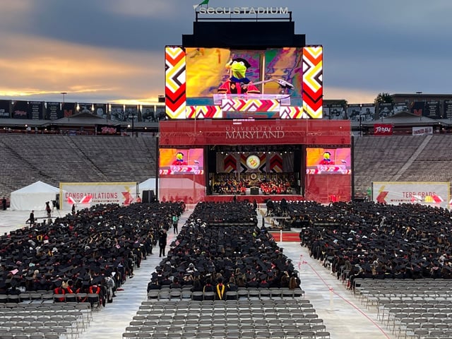 Kermit the Frog speaks during the graduation ceremony at University of Maryland at SECU Stadium in College Park on Thursday. (Lloyd Fox/Staff)