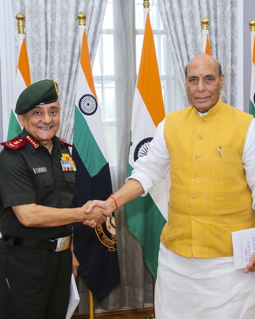 Defence minister Rajnath Singh with Chief of Defence Staff General Anil Chauhan during the latter’s book release programme in New Delhi on Thursday. (PTI)