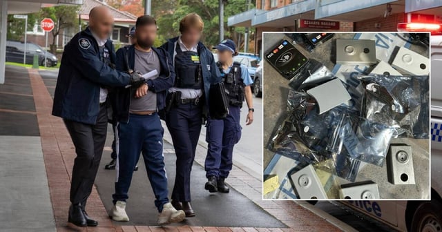Main, AFP officers arrest one of of the men, inset, seized atm machine parts. Pictures from AFP