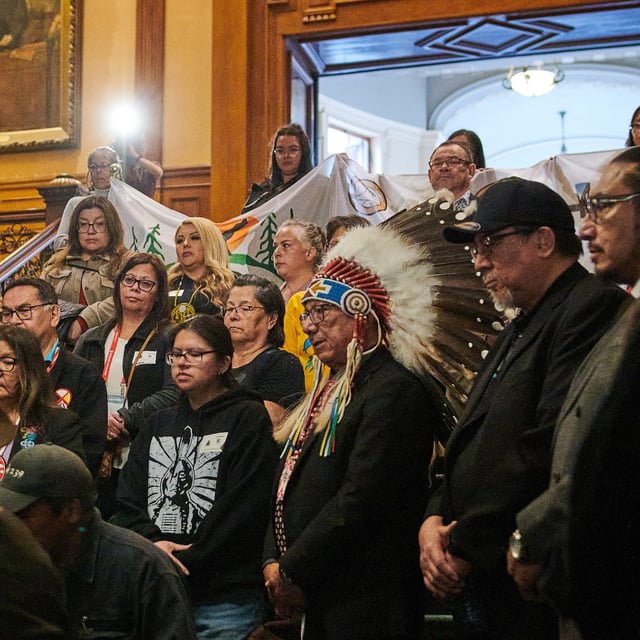 Nishnawbe Aski Nation leaders and community members gathered to drum between consultation sessions on Bill 5 at Queen’s Park in Toronto on May 22, 2025. (Sammy Kogan/The Globe and Mail)