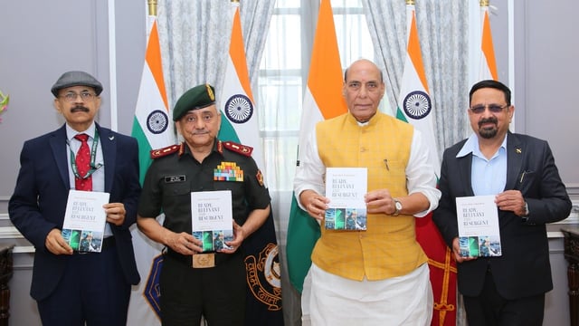 General Anil Chauhan authors book on India's military, Rajnath Singh at launch